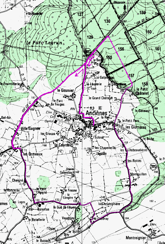 Map showing walking circuit around Ancinnes